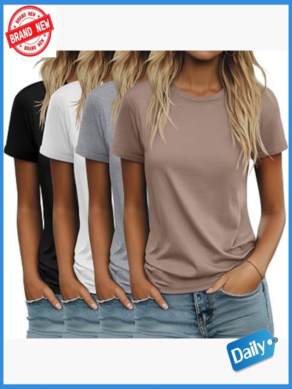 4 Pack Women Cotton Short Sleeve Tunic Tops Crewneck Loose Fit Summer Basic Tees